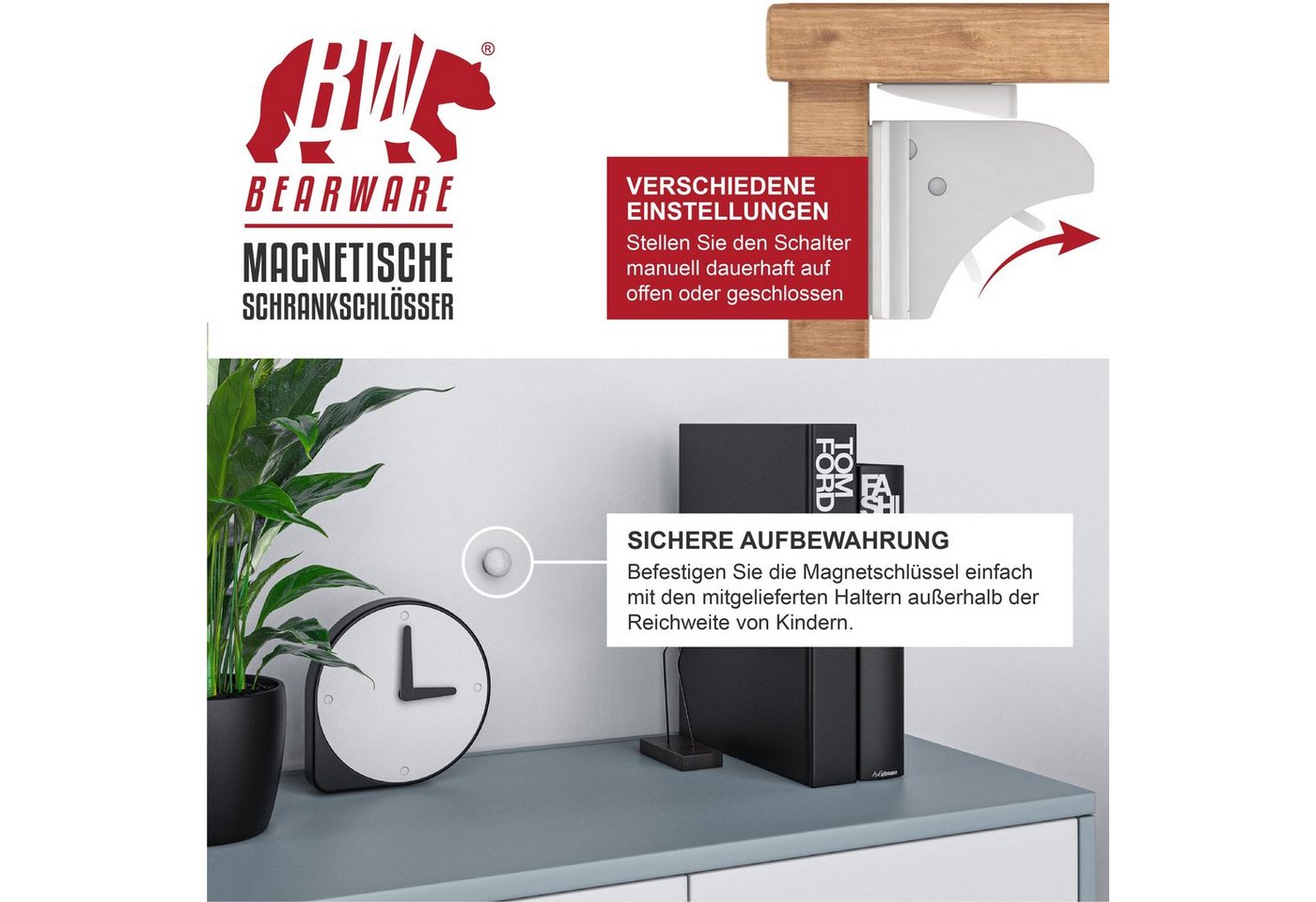 BEARWARE Kindersicherung Babysicherung Schrankschloss, Schranksicherung magnetisch 10 Schlösser, Magnet Schloss für Schrank und Schubladen, Bohren ohne Werkzeug – Bild 2 von 5