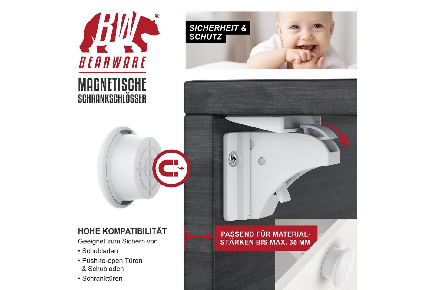 BEARWARE Kindersicherung Babysicherung Schrankschloss, Schranksicherung magnetisch 10 Schlösser, Magnet Schloss für Schrank und Schubladen, Bohren ohne Werkzeug – Bild 3 von 5