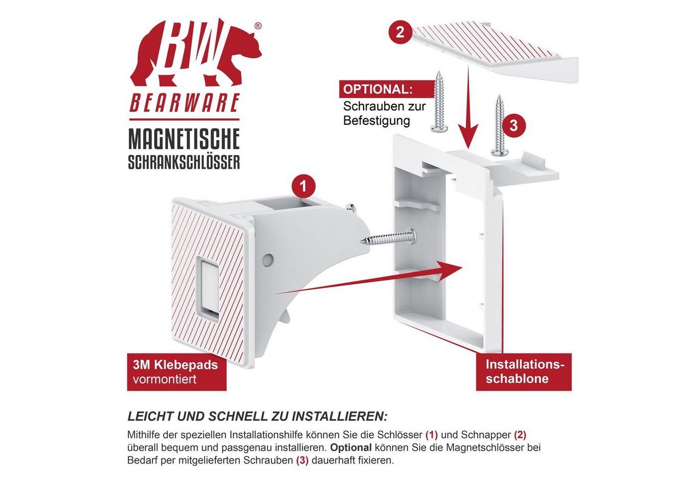 BEARWARE Kindersicherung Babysicherung Schrankschloss, Schranksicherung magnetisch 10 Schlösser, Magnet Schloss für Schrank und Schubladen, Bohren ohne Werkzeug – Bild 5 von 5