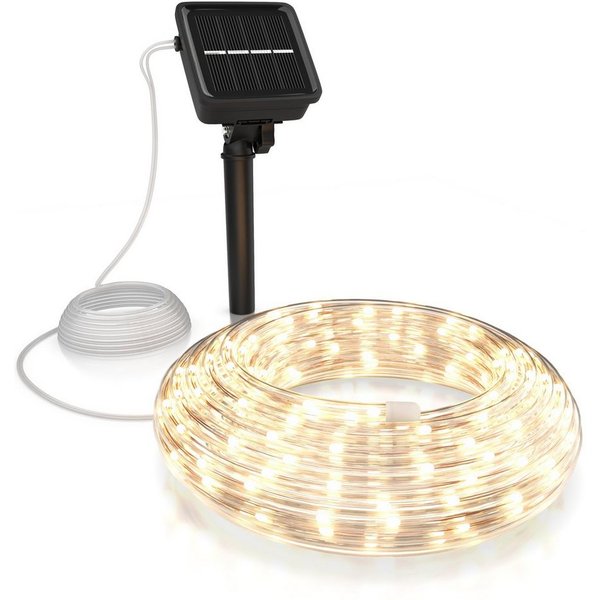 BEARWARE LED-Lichterkette Solar 10m warmweiß, Innen & Außen, Solarpanel mit Akku, 100 Leds, IP44, 2 Modi, wetterfest für Outdoor, Garten, Balkon, Terrasse & Hoc