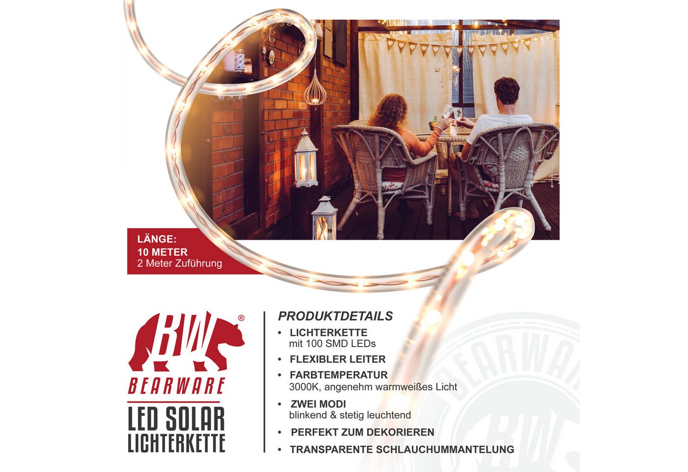 BEARWARE LED-Lichterkette Solar 10m warmweiß, Innen & Außen, Solarpanel mit Akku, 100 Leds, IP44, 2 Modi, wetterfest für Outdoor, Garten, Balkon, Terrasse & Hoc – Bild 2 von 5