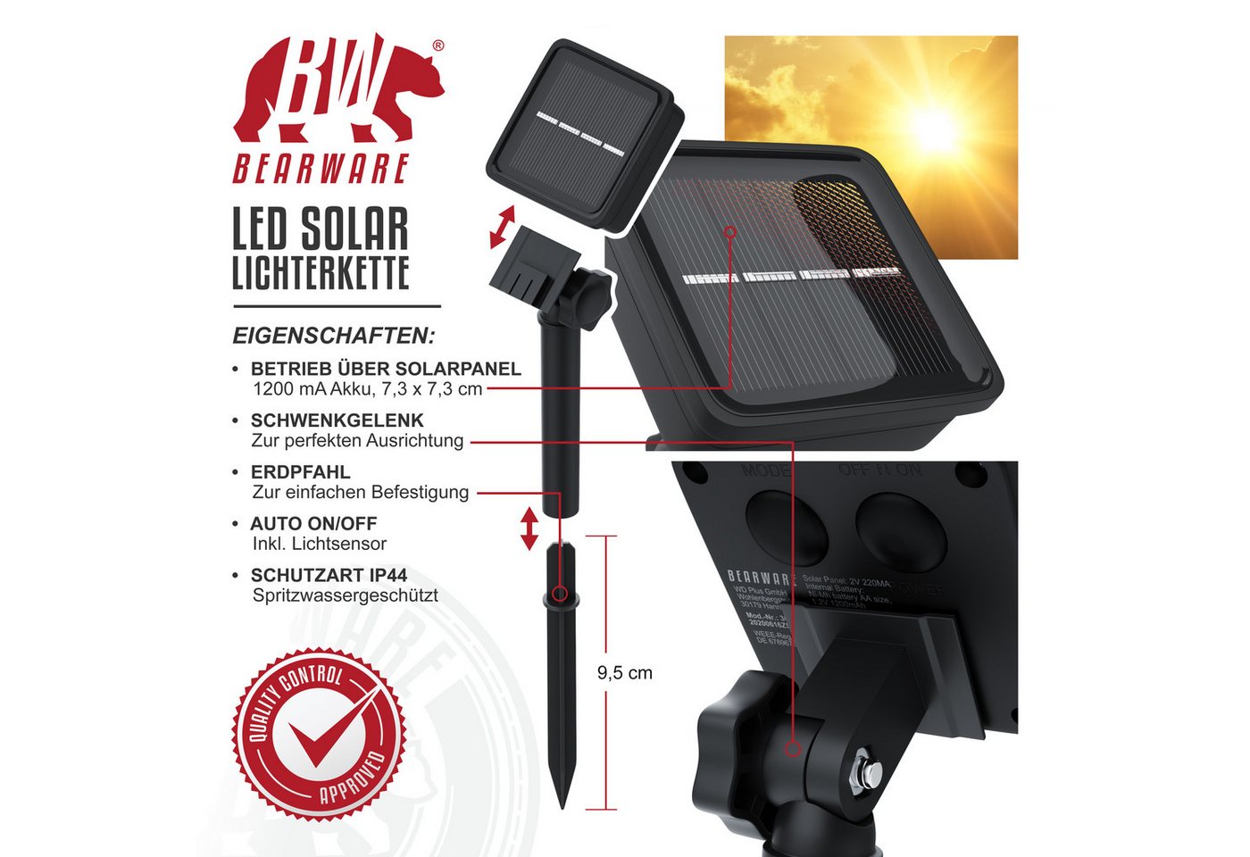 BEARWARE LED-Lichterkette Solar 10m warmweiß, Innen & Außen, Solarpanel mit Akku, 100 Leds, IP44, 2 Modi, wetterfest für Outdoor, Garten, Balkon, Terrasse & Hoc – Bild 3 von 5
