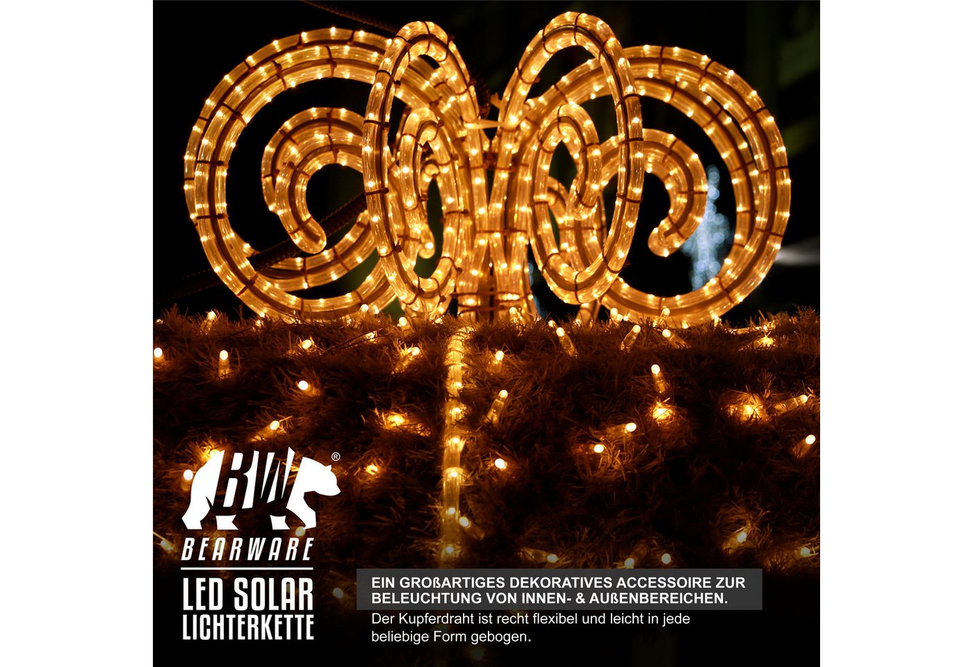 BEARWARE LED-Lichterkette Solar 10m warmweiß, Innen & Außen, Solarpanel mit Akku, 100 Leds, IP44, 2 Modi, wetterfest für Outdoor, Garten, Balkon, Terrasse & Hoc – Bild 4 von 5