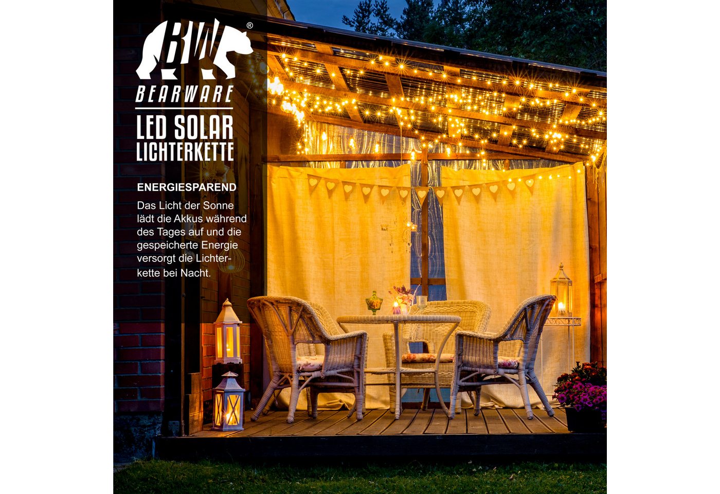 BEARWARE LED-Lichterkette Solar 10m warmweiß, Innen & Außen, Solarpanel mit Akku, 100 Leds, IP44, 2 Modi, wetterfest für Outdoor, Garten, Balkon, Terrasse & Hoc – Bild 5 von 5