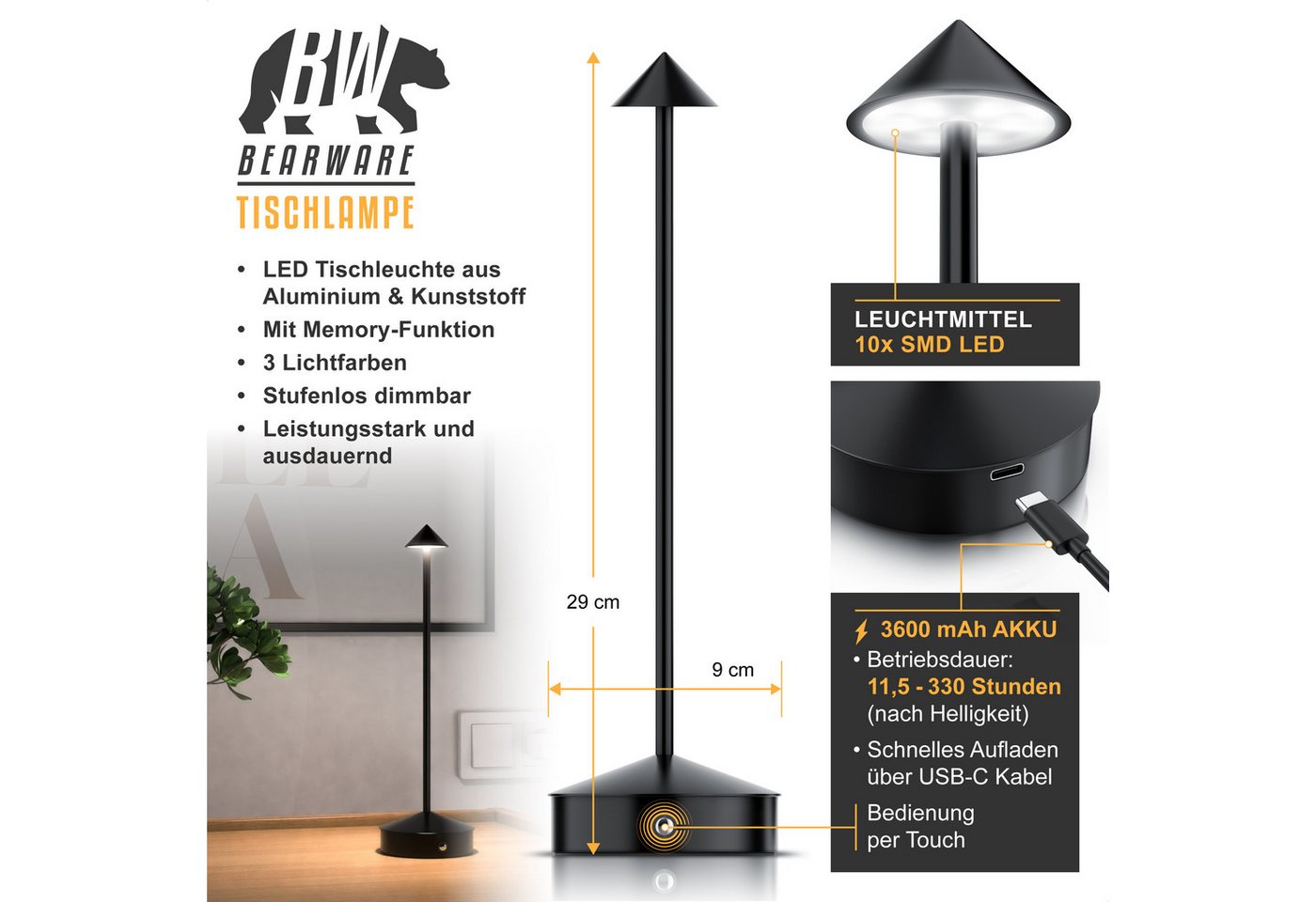 BEARWARE LED Tischleuchte kabellos, stufenlos dimmbar, 3 Lichtfarben, Akku 3600 mAh, Touch, Dimmfunktion, Ein-/Ausschalter, Farbwechsel, mehrere Helligkeitsstuf – Bild 2 von 5