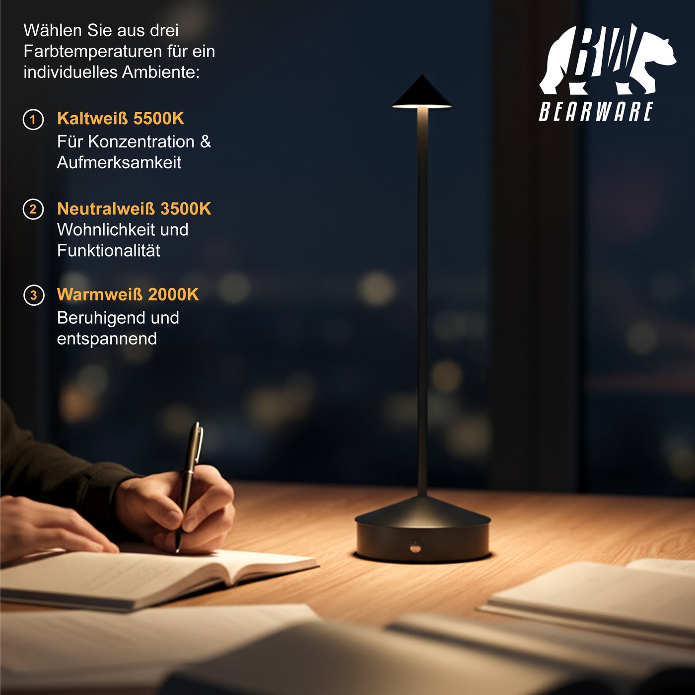 BEARWARE LED Tischleuchte kabellos, stufenlos dimmbar, 3 Lichtfarben, Akku 3600 mAh, Touch, Dimmfunktion, Ein-/Ausschalter, Farbwechsel, mehrere Helligkeitsstuf – Bild 5 von 5