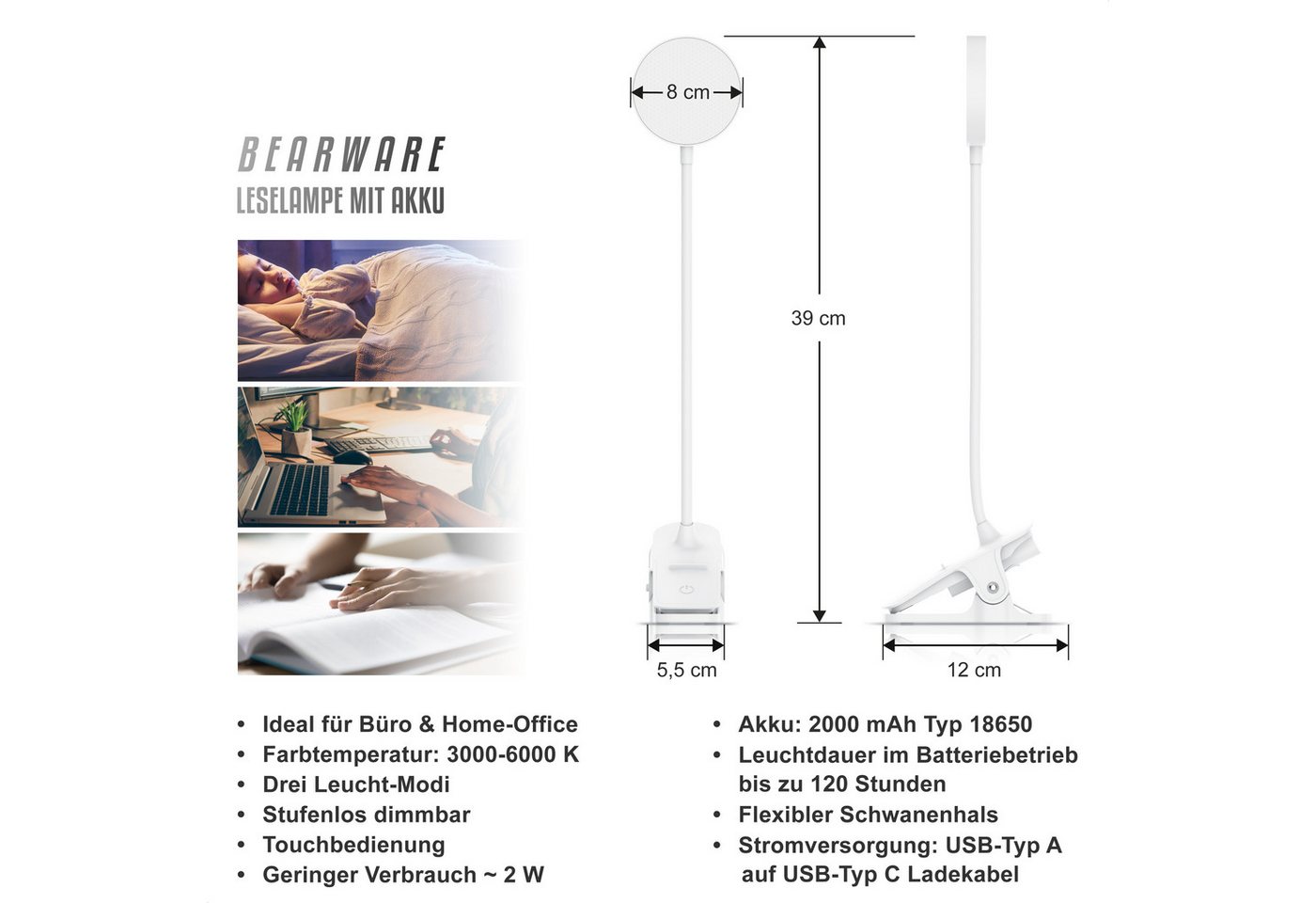 BEARWARE LED Tischleuchte Tischlampe, Nachttischlampe, Leselampe, Schreibtischlampe, Dimmfunktion, Ein-/Ausschalter, Farbwechsel, mehrere Helligkeitsstufen, LED – Bild 2 von 5