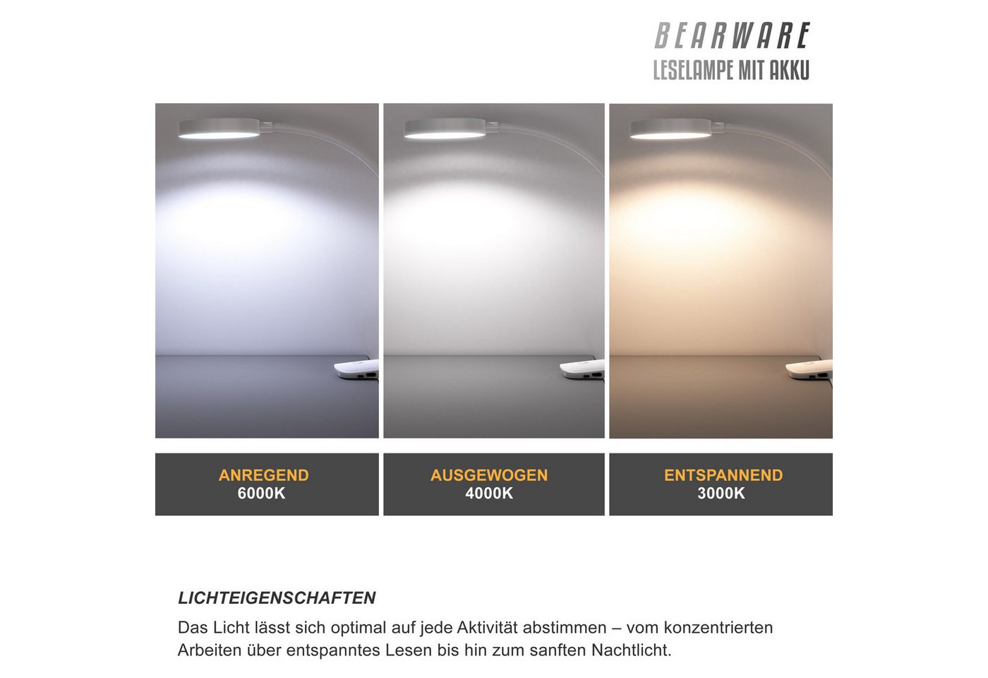 BEARWARE LED Tischleuchte Tischlampe, Nachttischlampe, Leselampe, Schreibtischlampe, Dimmfunktion, Ein-/Ausschalter, Farbwechsel, mehrere Helligkeitsstufen, LED – Bild 3 von 5