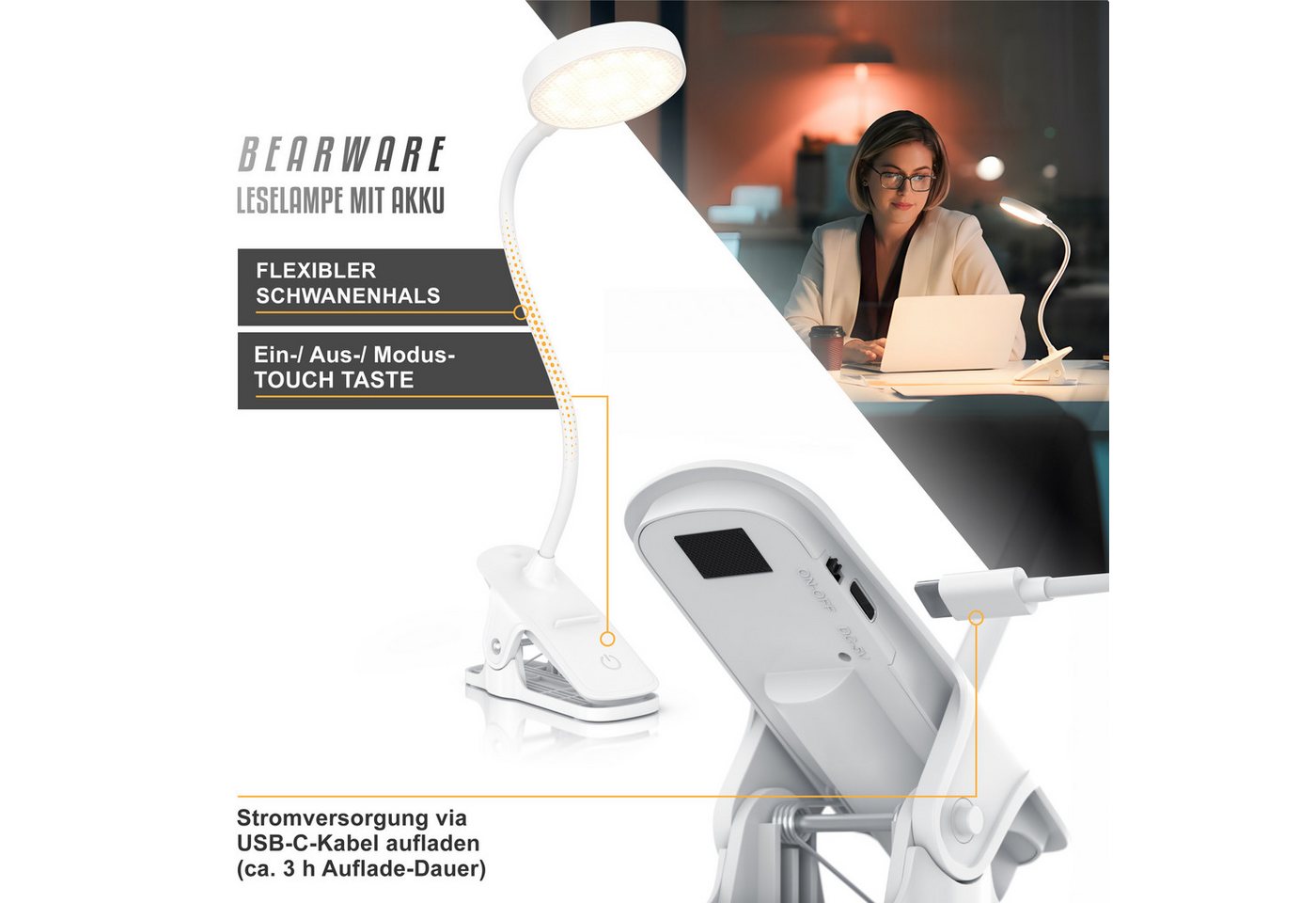 BEARWARE LED Tischleuchte Tischlampe, Nachttischlampe, Leselampe, Schreibtischlampe, Dimmfunktion, Ein-/Ausschalter, Farbwechsel, mehrere Helligkeitsstufen, LED – Bild 4 von 5
