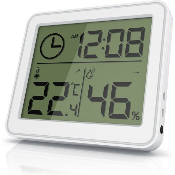 BEARWARE Luftfeuchtigkeitsmessgerät und Temperatur für Innen mit LCD Anzeige Innenwetterstation (Haltemagneten, Raumthermometer / Hygrometer und Uhrzeit, Standf