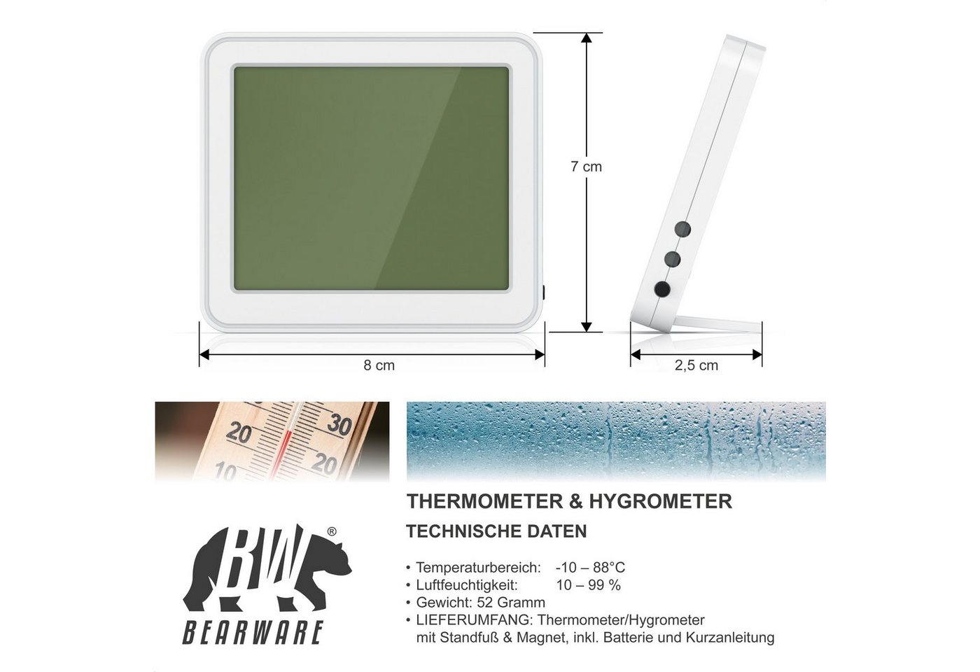 BEARWARE Luftfeuchtigkeitsmessgerät und Temperatur für Innen mit LCD Anzeige Innenwetterstation (Haltemagneten, Raumthermometer / Hygrometer und Uhrzeit, Standf – Bild 2 von 5