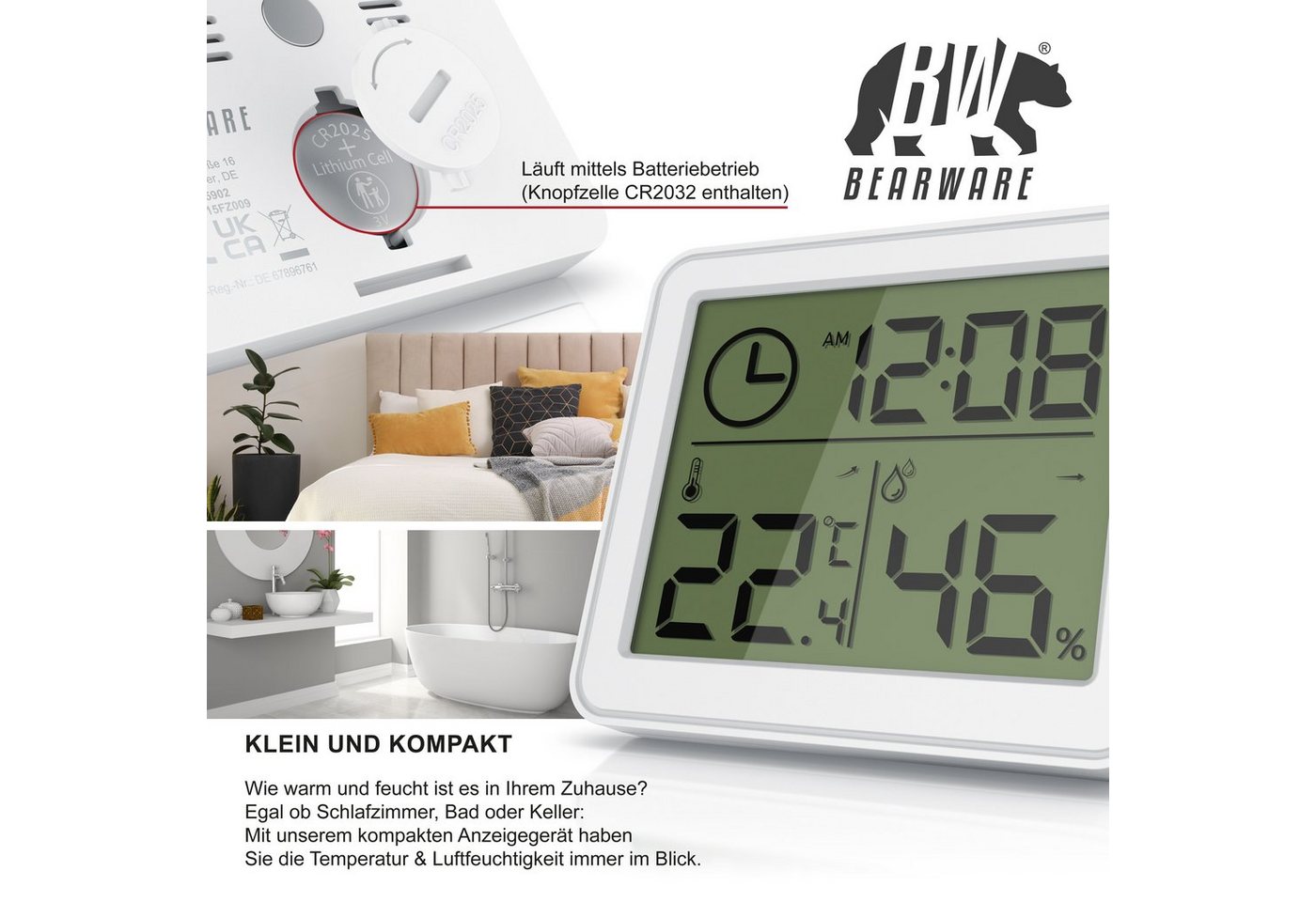 BEARWARE Luftfeuchtigkeitsmessgerät und Temperatur für Innen mit LCD Anzeige Innenwetterstation (Haltemagneten, Raumthermometer / Hygrometer und Uhrzeit, Standf – Bild 3 von 5