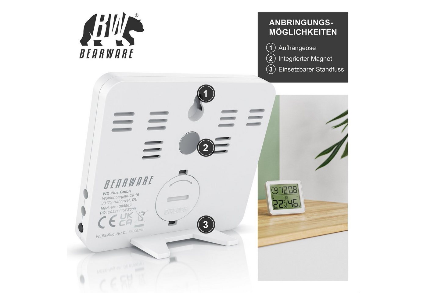 BEARWARE Luftfeuchtigkeitsmessgerät und Temperatur für Innen mit LCD Anzeige Innenwetterstation (Haltemagneten, Raumthermometer / Hygrometer und Uhrzeit, Standf – Bild 4 von 5