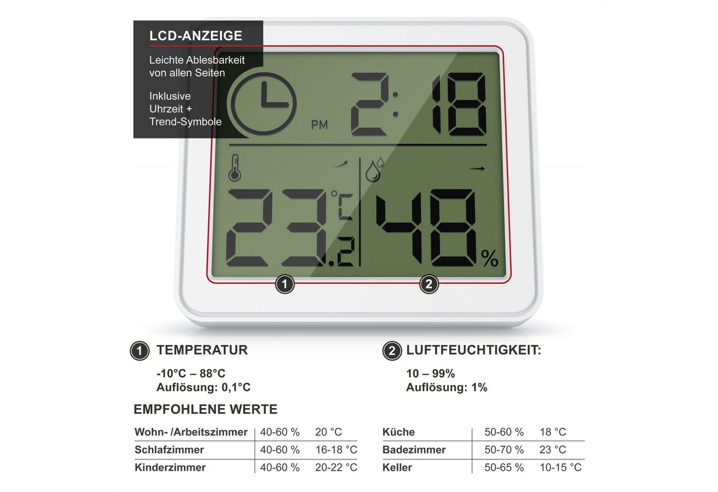 BEARWARE Luftfeuchtigkeitsmessgerät und Temperatur für Innen mit LCD Anzeige Innenwetterstation (Haltemagneten, Raumthermometer / Hygrometer und Uhrzeit, Standf – Bild 5 von 5