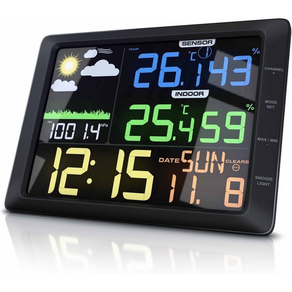 BEARWARE mit Farbdisplay & Außensensor, Luftdruck, Temperatur, Wettervorhersage Wetterstation (Außensensor, USB-Kabel, Bedienungsanleitung, Barometer, Frostalar