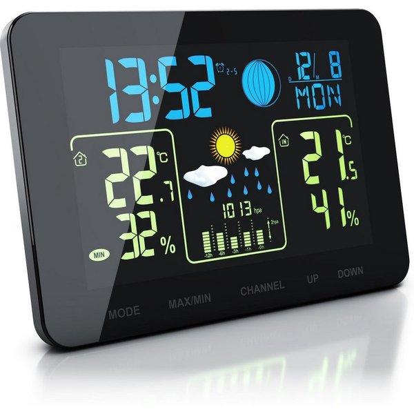 BEARWARE mit Farbdisplay und Außensensor, Funkwetterstation, Wettervorhersage Wetterstation (Außensensor, Netzteil, Bedienungsanleitung, Innen- und Außentempera