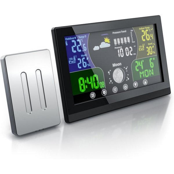 BEARWARE mit LCD Farbdisplay / Luftdruck mit Höhenkorrektur, Wettervorhersage Wetterstation (mit Außensensor, zeigt Temperatur, Luftfeuchte und Wettertrend, gut