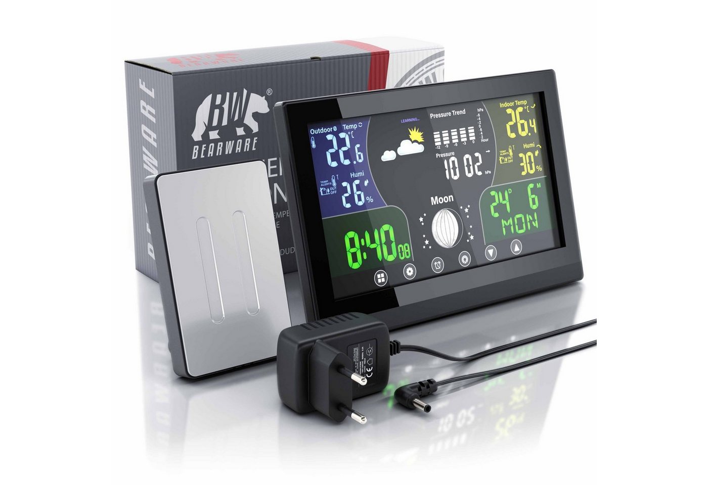 BEARWARE mit LCD Farbdisplay / Luftdruck mit Höhenkorrektur, Wettervorhersage Wetterstation (mit Außensensor, zeigt Temperatur, Luftfeuchte und Wettertrend, gut – Bild 2 von 5