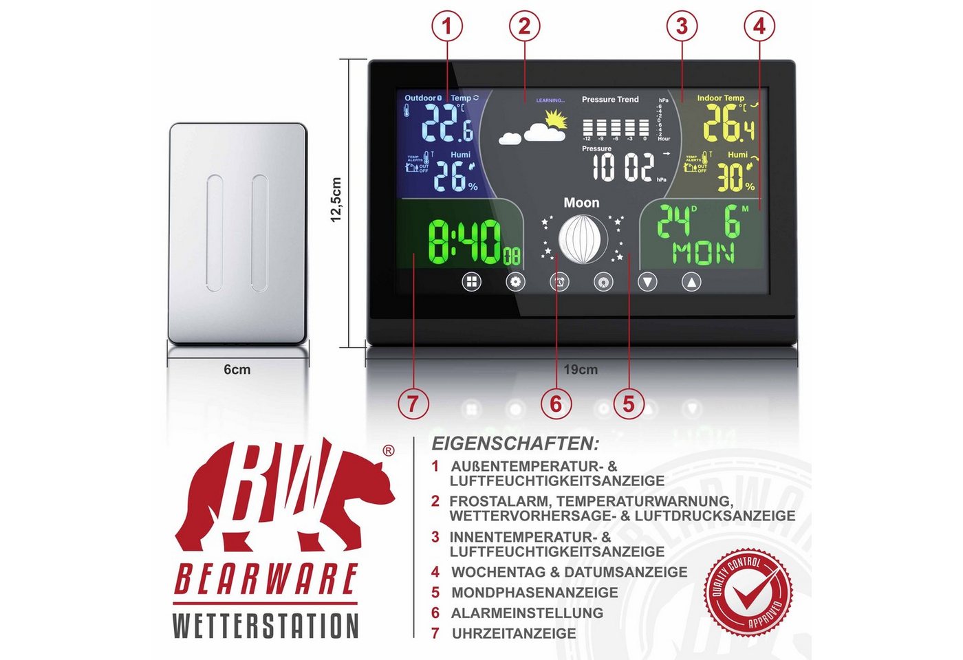 BEARWARE mit LCD Farbdisplay / Luftdruck mit Höhenkorrektur, Wettervorhersage Wetterstation (mit Außensensor, zeigt Temperatur, Luftfeuchte und Wettertrend, gut – Bild 5 von 5