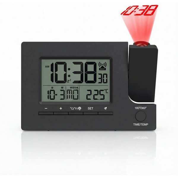 BEARWARE Projektionswecker Digitaler Tischwecker mit Projektion, USB-Ladeport & Temperaturanzeige Funkuhr mit 180° Projektionsfunktion, Dual-Alarm & weißem LCD-
