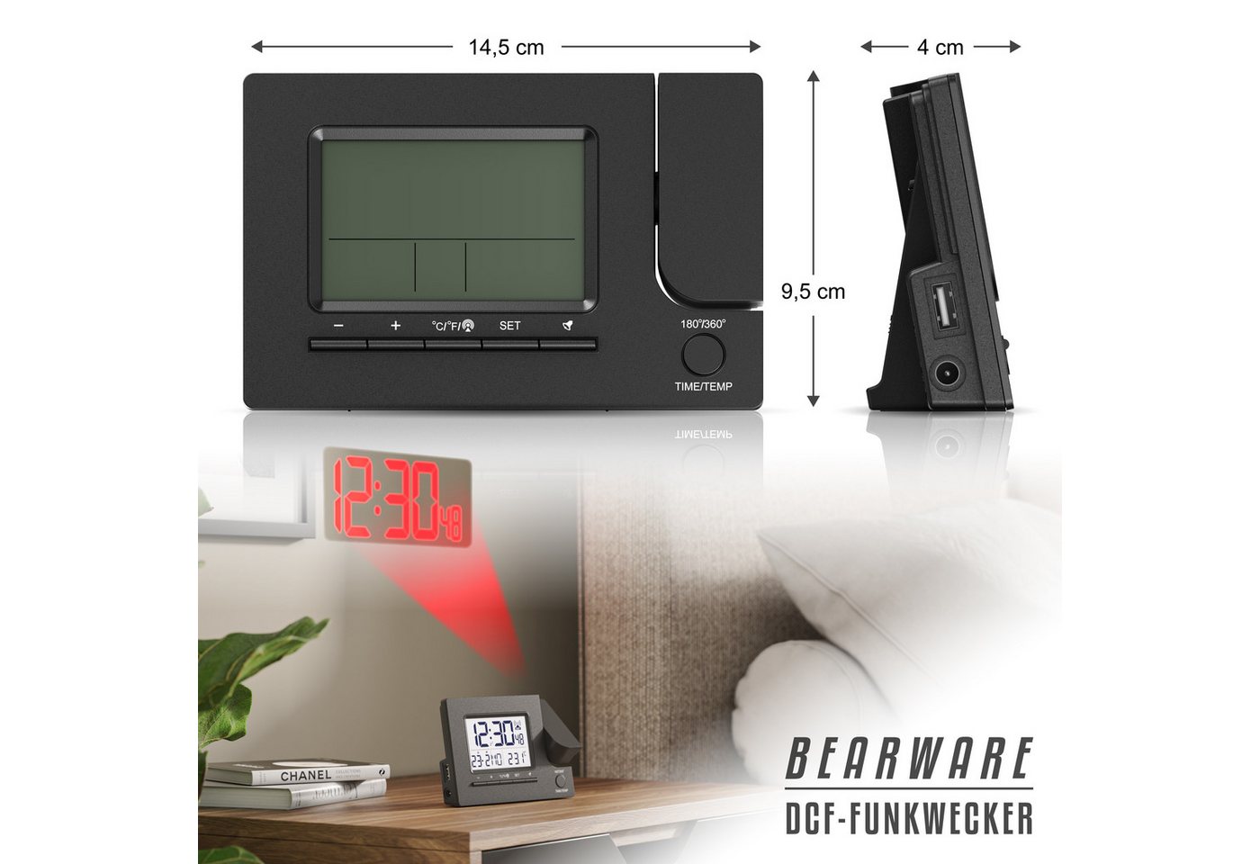 BEARWARE Projektionswecker Digitaler Tischwecker mit Projektion, USB-Ladeport & Temperaturanzeige Funkuhr mit 180° Projektionsfunktion, Dual-Alarm & weißem LCD- – Bild 2 von 5