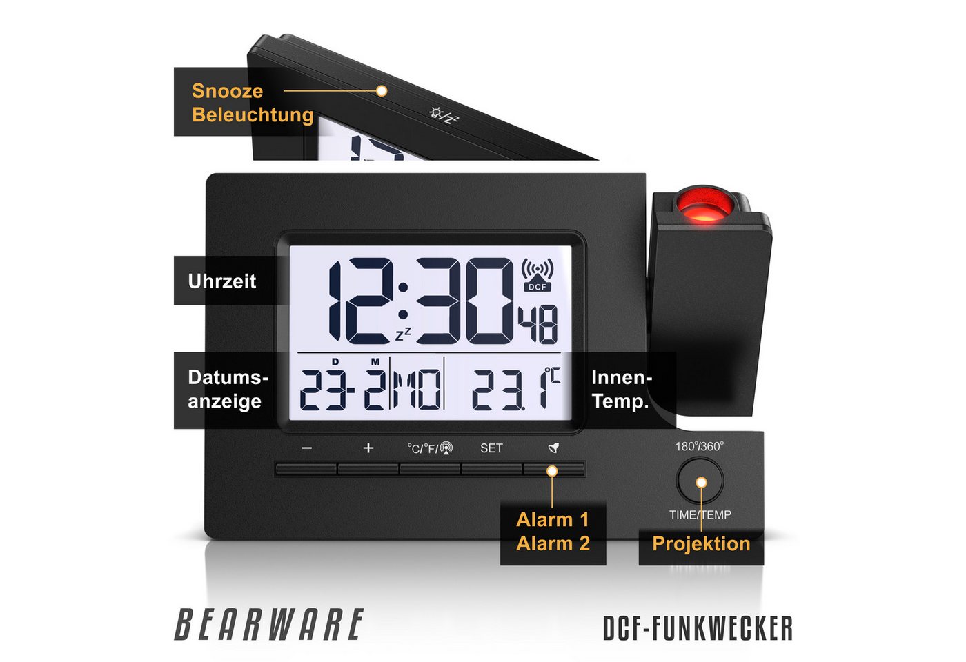 BEARWARE Projektionswecker Digitaler Tischwecker mit Projektion, USB-Ladeport & Temperaturanzeige Funkuhr mit 180° Projektionsfunktion, Dual-Alarm & weißem LCD- – Bild 3 von 5