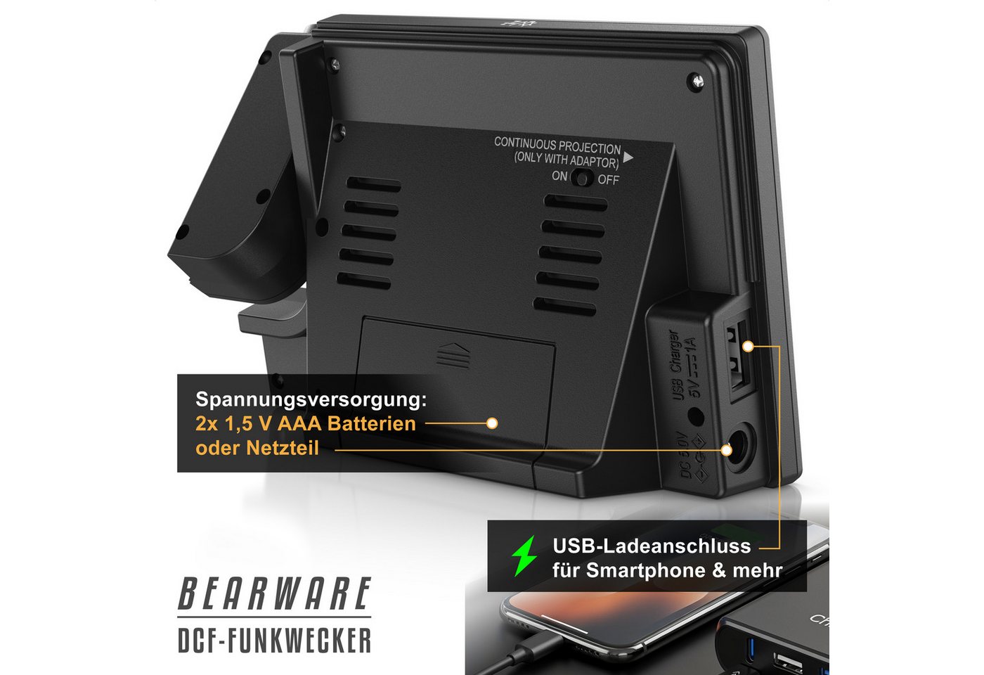 BEARWARE Projektionswecker Digitaler Tischwecker mit Projektion, USB-Ladeport & Temperaturanzeige Funkuhr mit 180° Projektionsfunktion, Dual-Alarm & weißem LCD- – Bild 4 von 5