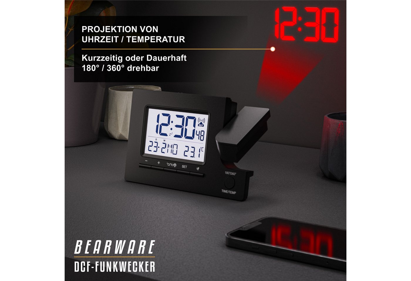 BEARWARE Projektionswecker Digitaler Tischwecker mit Projektion, USB-Ladeport & Temperaturanzeige Funkuhr mit 180° Projektionsfunktion, Dual-Alarm & weißem LCD- – Bild 5 von 5