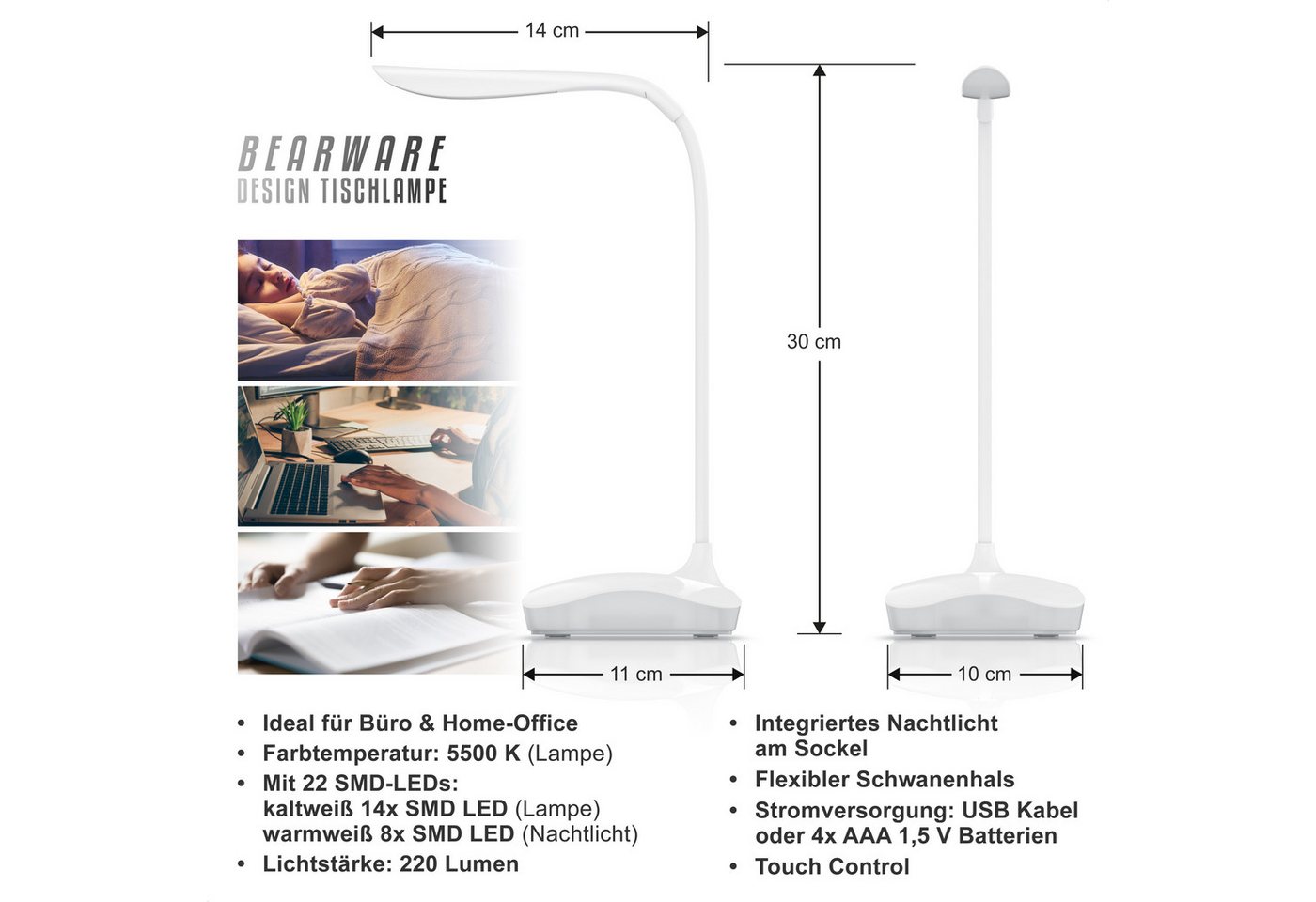 BEARWARE Schreibtischlampe LED Leselampe dimmbar, 3 Lichtmodi, Touch-Sensor, flexibler Lampenhals, mehrere Helligkeitsstufen, Nachtlichtfunktion, LED fest verba – Bild 2 von 5