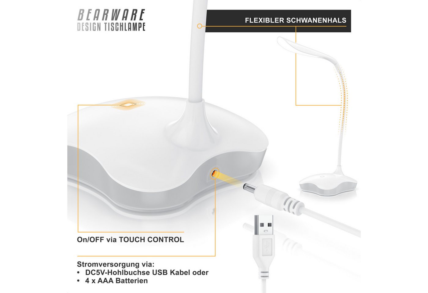 BEARWARE Schreibtischlampe LED Leselampe dimmbar, 3 Lichtmodi, Touch-Sensor, flexibler Lampenhals, mehrere Helligkeitsstufen, Nachtlichtfunktion, LED fest verba – Bild 3 von 5