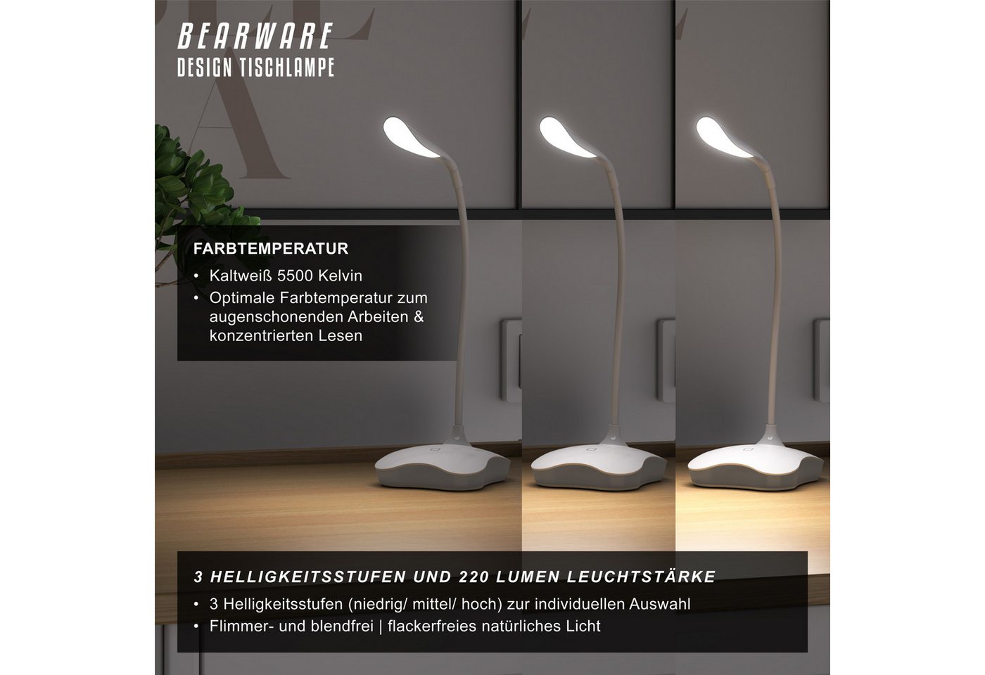 BEARWARE Schreibtischlampe LED Leselampe dimmbar, 3 Lichtmodi, Touch-Sensor, flexibler Lampenhals, mehrere Helligkeitsstufen, Nachtlichtfunktion, LED fest verba – Bild 4 von 5