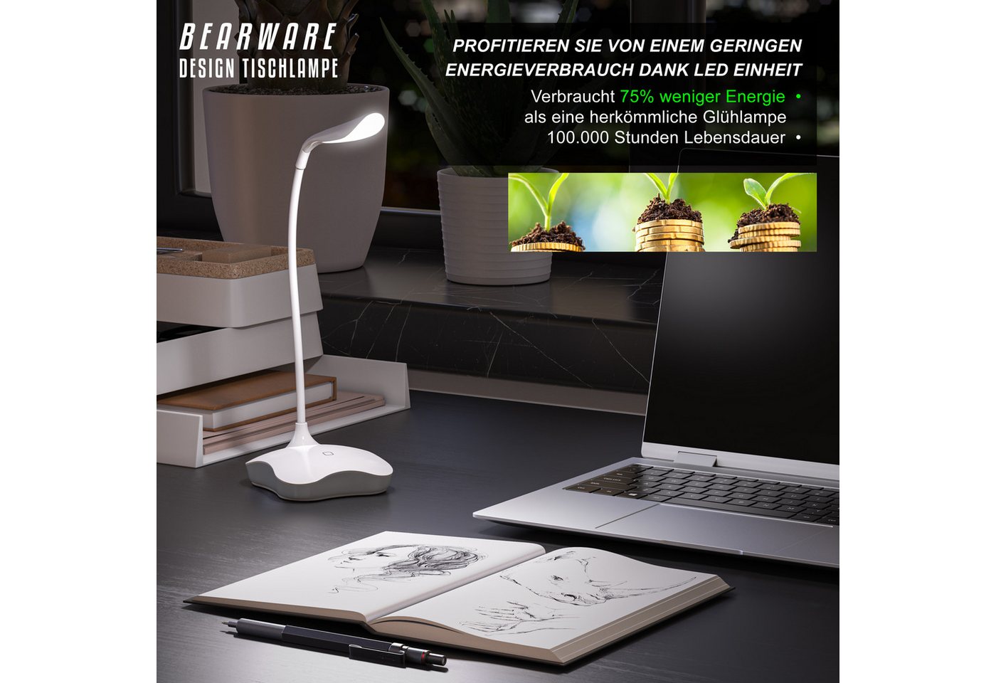 BEARWARE Schreibtischlampe LED Leselampe dimmbar, 3 Lichtmodi, Touch-Sensor, flexibler Lampenhals, mehrere Helligkeitsstufen, Nachtlichtfunktion, LED fest verba – Bild 5 von 5