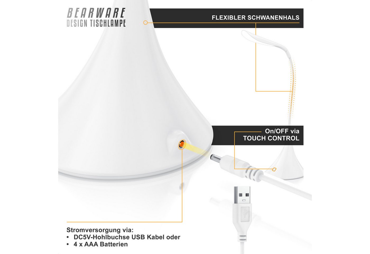 BEARWARE Schreibtischlampe LED Tischlampe, kabellos, flexibler Schwanenhals, geringer Verbrauch, mehrere Helligkeitsstufen, LED fest verbaut, Kaltweiß, Leselamp – Bild 3 von 5