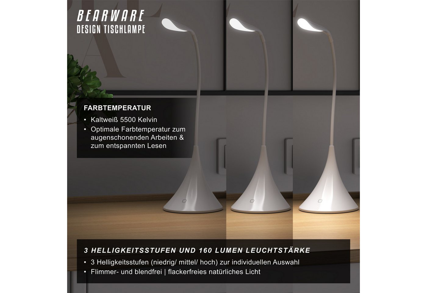 BEARWARE Schreibtischlampe LED Tischlampe, kabellos, flexibler Schwanenhals, geringer Verbrauch, mehrere Helligkeitsstufen, LED fest verbaut, Kaltweiß, Leselamp – Bild 4 von 5