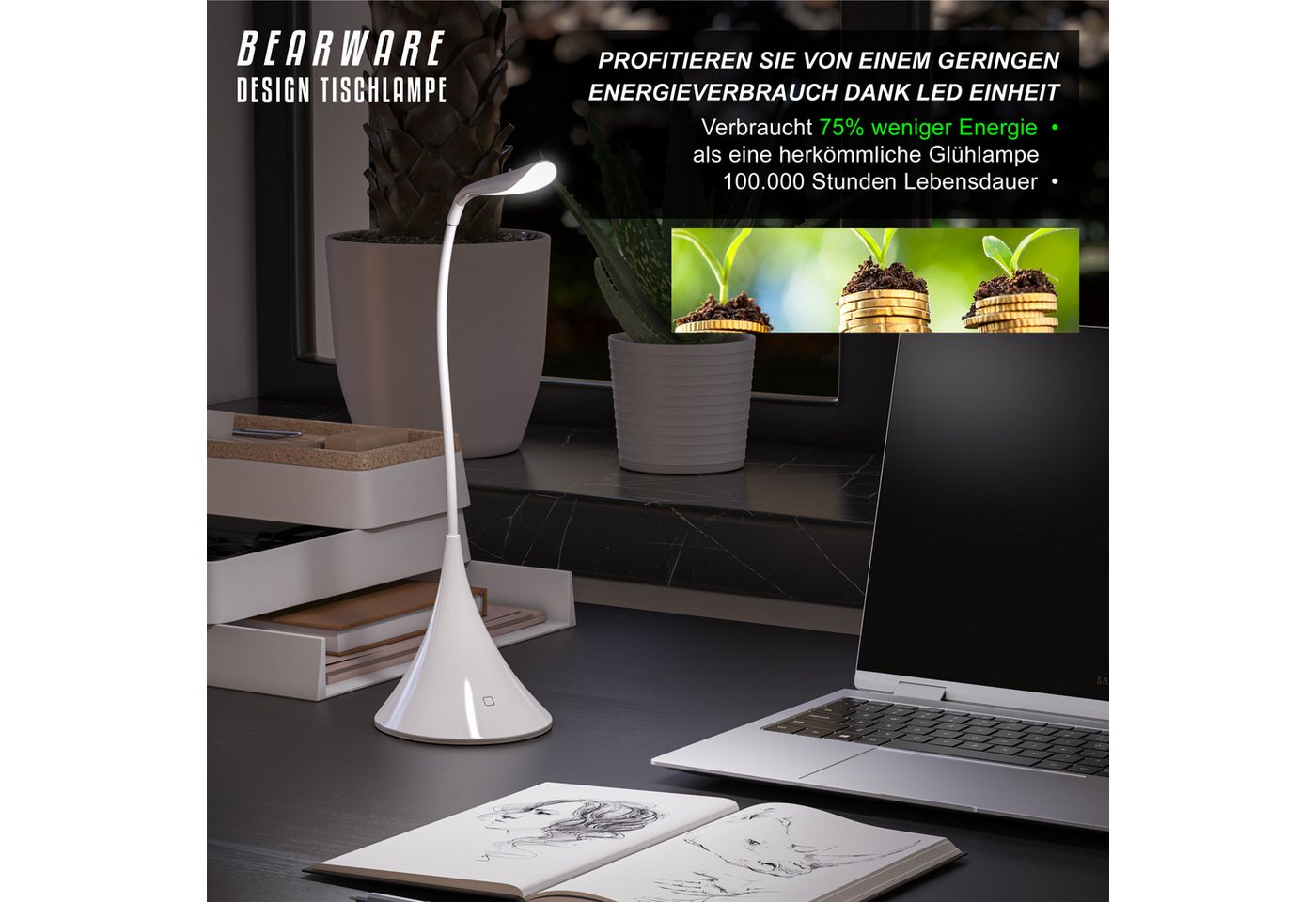 BEARWARE Schreibtischlampe LED Tischlampe, kabellos, flexibler Schwanenhals, geringer Verbrauch, mehrere Helligkeitsstufen, LED fest verbaut, Kaltweiß, Leselamp – Bild 5 von 5