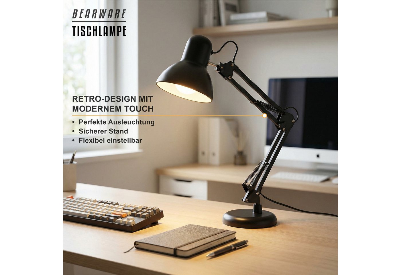 BEARWARE Schreibtischlampe Retro Stil, Bürölampe, Leselampe, Vintage Tischleuchte, Kabelschalter, Ein-/Ausschalter, ohne Leuchtmittel, warmweiß, Neutralweiß, Ta – Bild 2 von 5