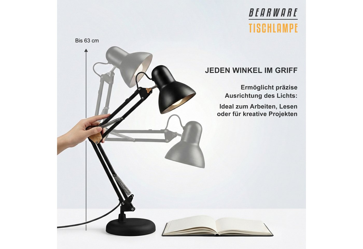 BEARWARE Schreibtischlampe Retro Stil, Bürölampe, Leselampe, Vintage Tischleuchte, Kabelschalter, Ein-/Ausschalter, ohne Leuchtmittel, warmweiß, Neutralweiß, Ta – Bild 3 von 5