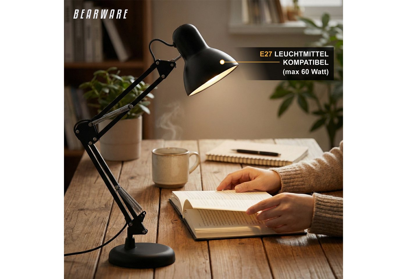 BEARWARE Schreibtischlampe Retro Stil, Bürölampe, Leselampe, Vintage Tischleuchte, Kabelschalter, Ein-/Ausschalter, ohne Leuchtmittel, warmweiß, Neutralweiß, Ta – Bild 5 von 5