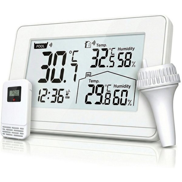 BEARWARE Schwimmthermometer Poolthermometer, Schwimmthermometer mit Wetterstation, Funk, digital, Set 3-tlg., 3-in-1 Set: Basisstation (DCF-Uhr/Wecker), Pool-Sc