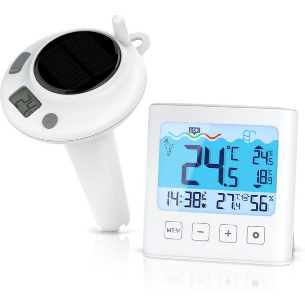 BEARWARE Schwimmthermometer Poolthermometer mit Wetterstation, Funk, digital, Set 2-tlg., Pool-Thermometer, Basisstation, USB-C-Ladekabel & Seil, Wassertemperat