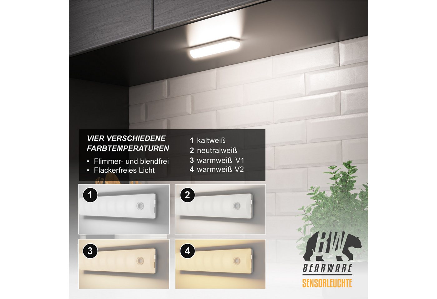 BEARWARE Smarte LED-Leuchte Sensorlicht mit Bewegungsmelder, PIR Sensor, 4 Lichtfarben, Nachtlicht, Farbwechsel, Ein-/Ausschalter, mit LED, Bewegungsmelder, Nac – Bild 4 von 5