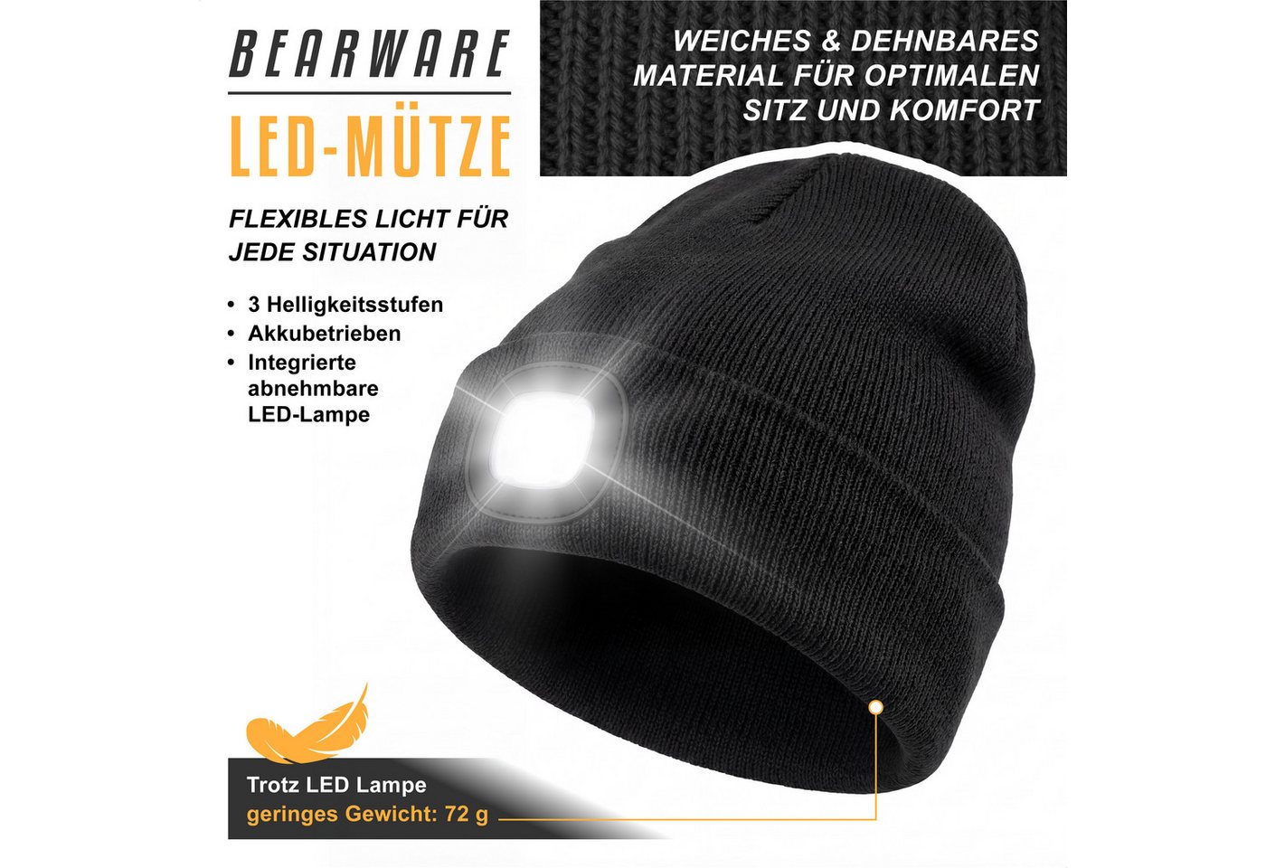 BEARWARE Strickmütze mit Stirnlampe, Beanie warm gefüttert für Joggen Camping Outdoor Sport (1-St) Integrierte LED-Leuchte, 3 Helligkeitsstufen, USB-Ladefunktio – Bild 2 von 5