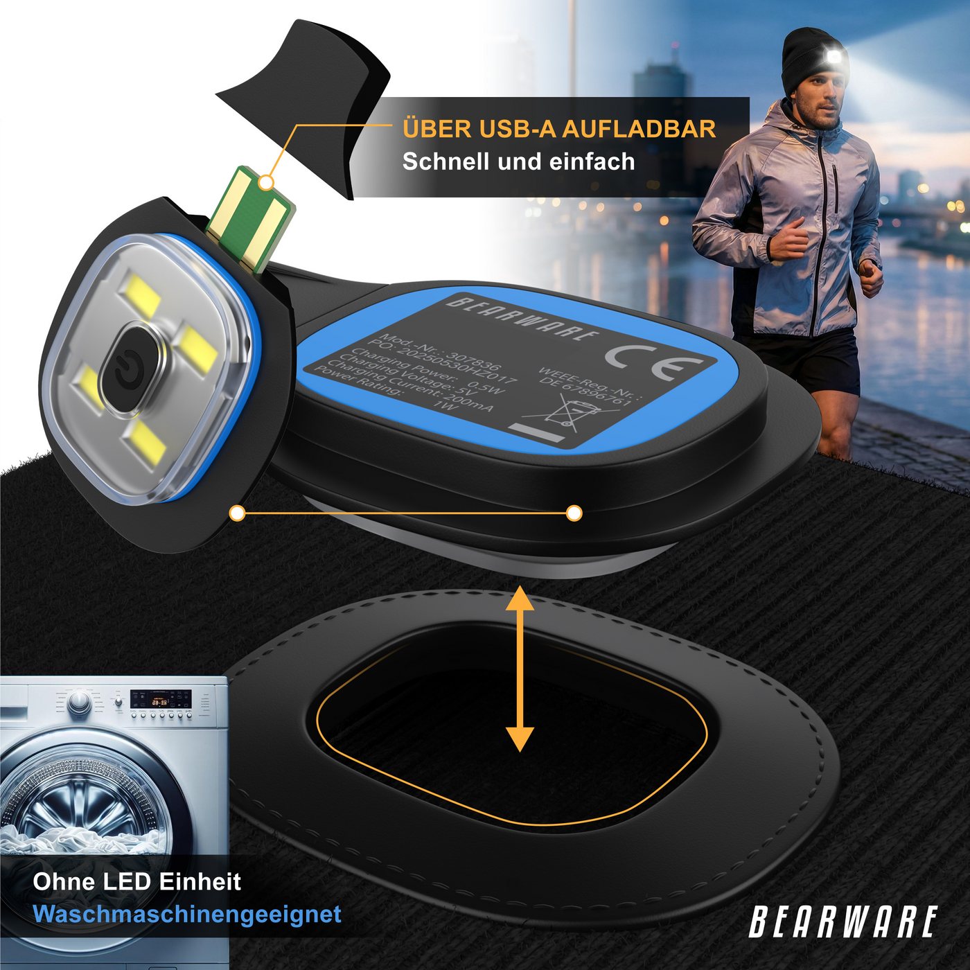 BEARWARE Strickmütze mit Stirnlampe, Beanie warm gefüttert für Joggen Camping Outdoor Sport (1-St) Integrierte LED-Leuchte, 3 Helligkeitsstufen, USB-Ladefunktio – Bild 3 von 5