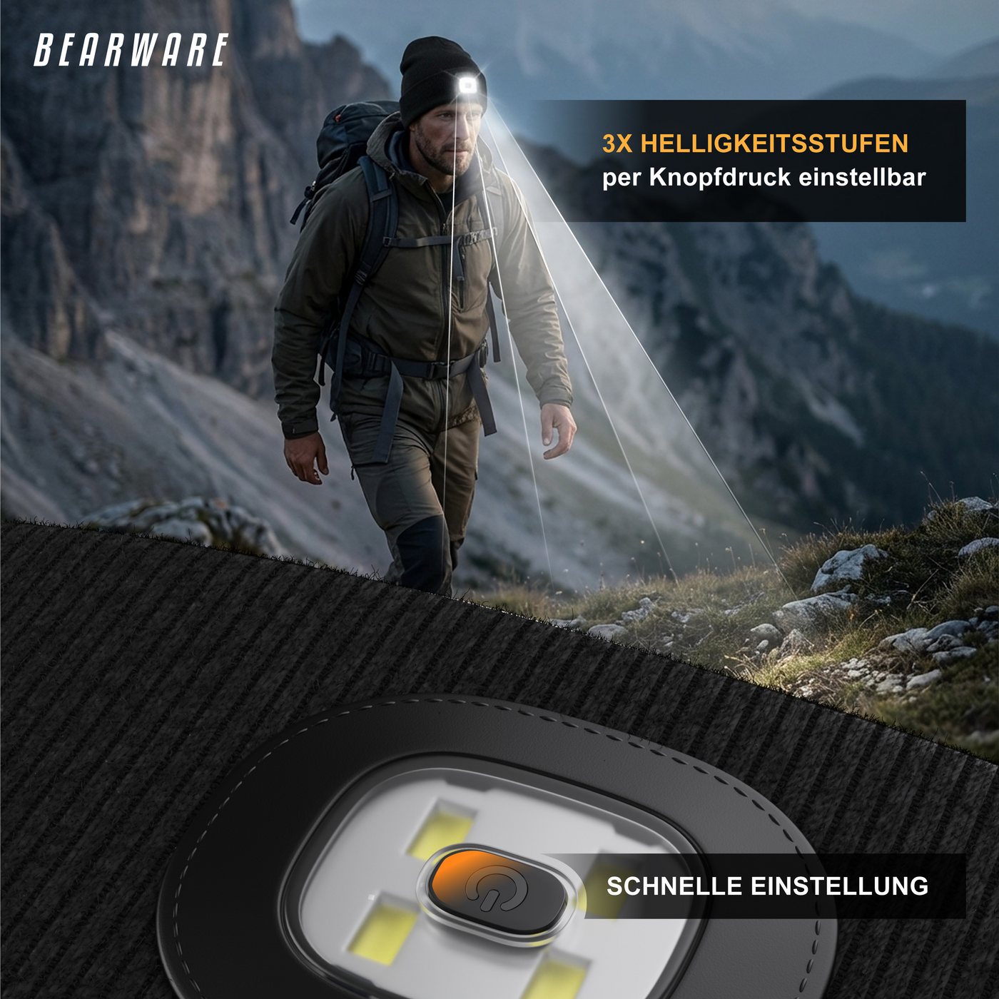 BEARWARE Strickmütze mit Stirnlampe, Beanie warm gefüttert für Joggen Camping Outdoor Sport (1-St) Integrierte LED-Leuchte, 3 Helligkeitsstufen, USB-Ladefunktio – Bild 4 von 5