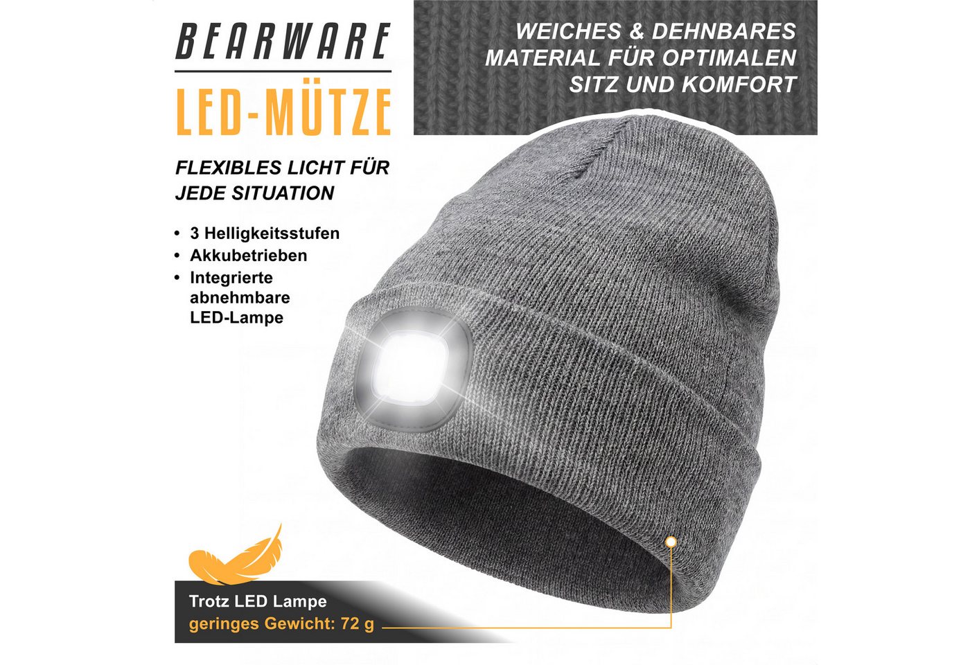 BEARWARE Strickmütze mit Stirnlampe, Beanie warm gefüttert für Joggen Camping Outdoor Sport (1-St) Integrierte LED-Leuchte, 3 Helligkeitsstufen, USB-Ladefunktio – Bild 2 von 5