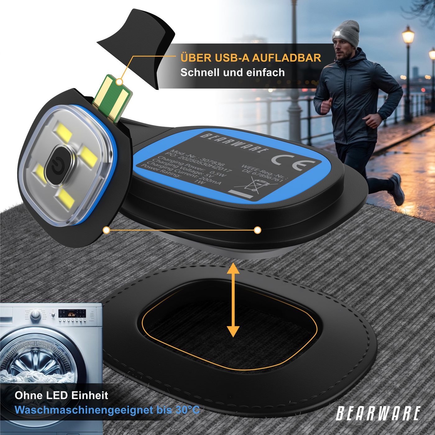 BEARWARE Strickmütze mit Stirnlampe, Beanie warm gefüttert für Joggen Camping Outdoor Sport (1-St) Integrierte LED-Leuchte, 3 Helligkeitsstufen, USB-Ladefunktio – Bild 3 von 5