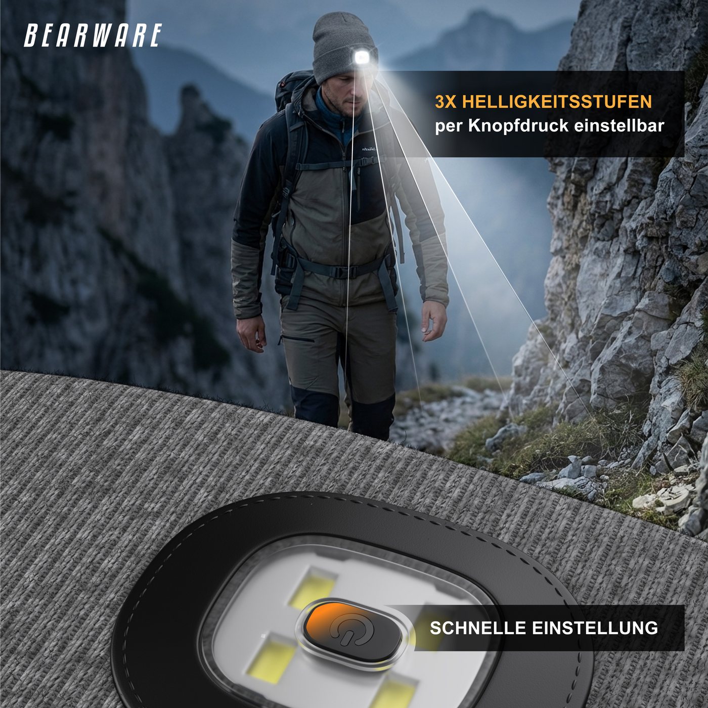 BEARWARE Strickmütze mit Stirnlampe, Beanie warm gefüttert für Joggen Camping Outdoor Sport (1-St) Integrierte LED-Leuchte, 3 Helligkeitsstufen, USB-Ladefunktio – Bild 4 von 5
