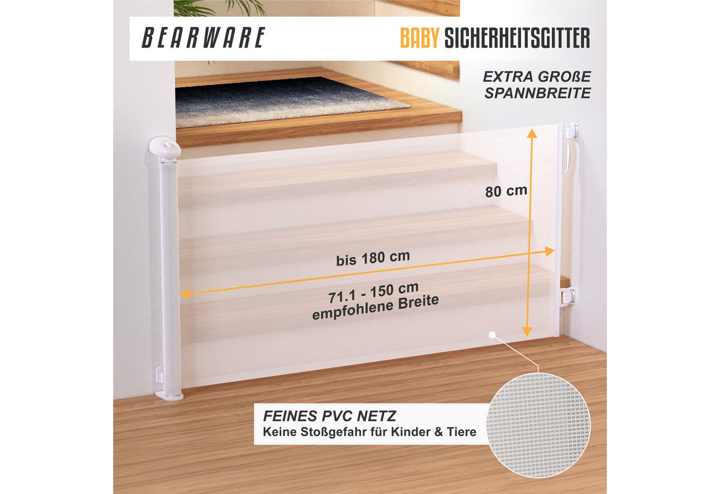 BEARWARE Türschutzgitter Treppenschutzgitter, Baby Schutzgitter, Kindersicheres Absperrgitter (1 St), Kind Sicherheitsgitter 180cm ausziehbar, Hund Safety Gate, – Bild 2 von 5