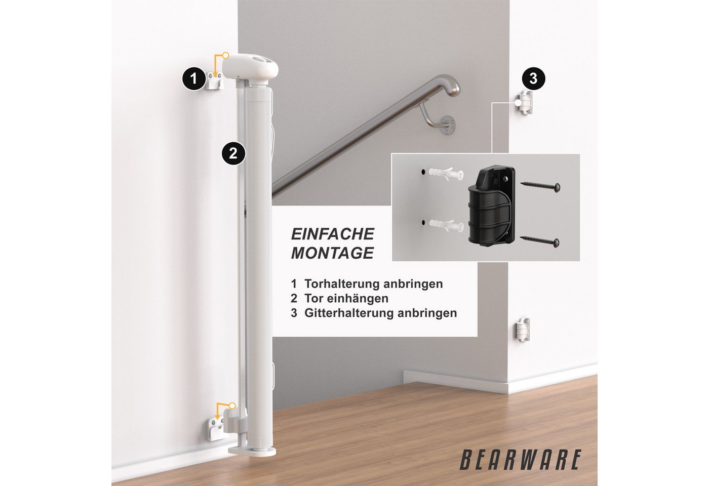 BEARWARE Türschutzgitter Treppenschutzgitter, Baby Schutzgitter, Kindersicheres Absperrgitter (1 St), Kind Sicherheitsgitter 180cm ausziehbar, Hund Safety Gate, – Bild 3 von 5