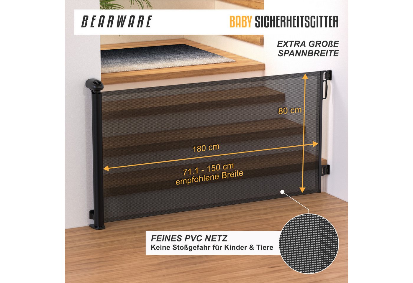 BEARWARE Türschutzgitter Treppenschutzgitter, Baby Schutzgitter, Kindersicheres Absperrgitter (1 St), Kind Sicherheitsgitter 180cm ausziehbar, Hund Safety Gate, – Bild 2 von 5